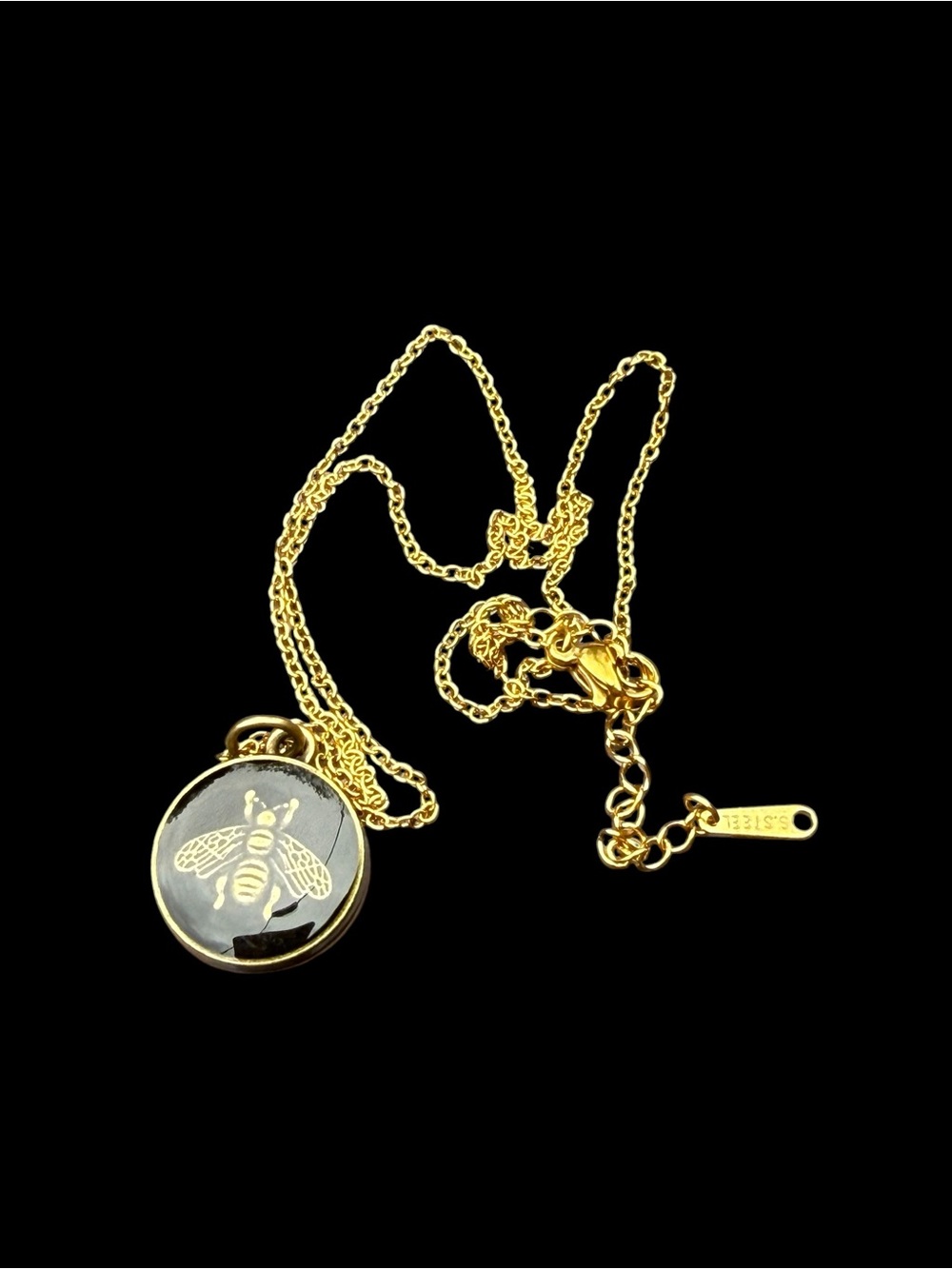 Upcycled GG Navy and Gold Bee Pendant Necklace - Elegant Women's Jewelry - Picture 2 of 5